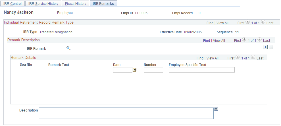 IRR Remarks (Individual Retirement Record remarks) page