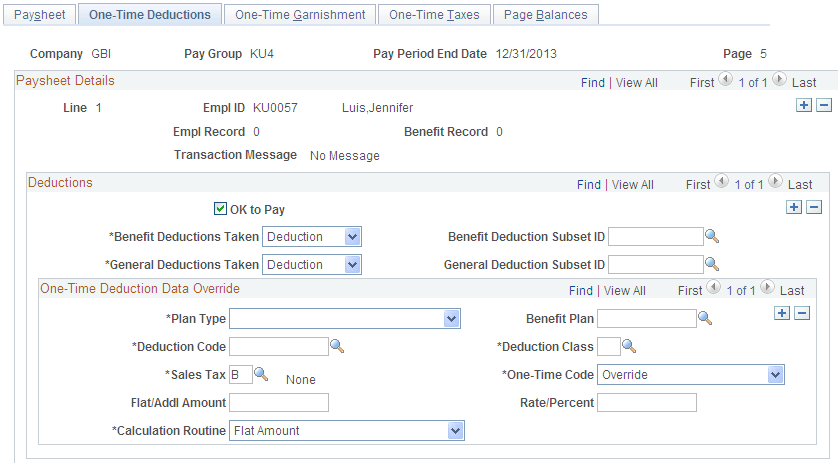 One-Time Deductions page