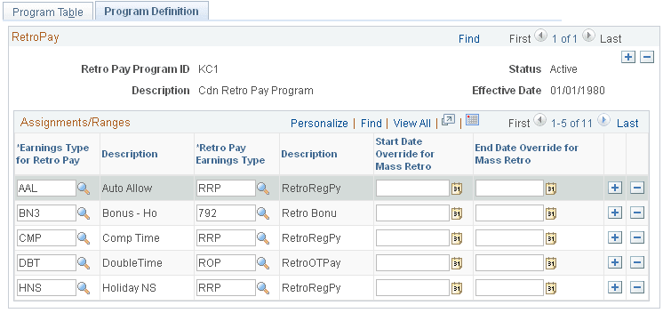 Program Definition page