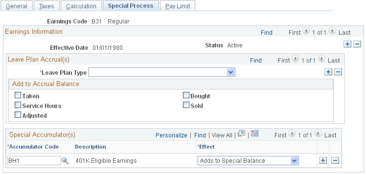 Earnings Table - Special Process page