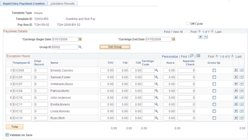 Rapid Entry Paysheet Creation page