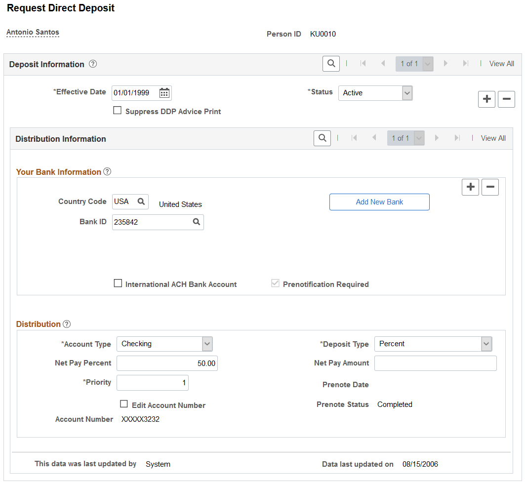 Request Direct Deposit page