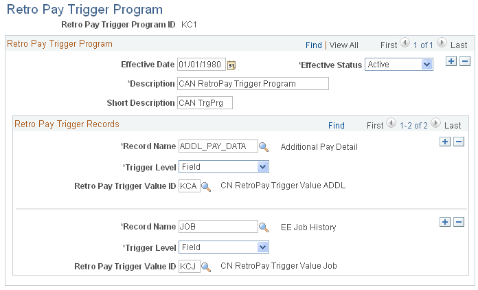 Retro Pay Trigger Program page