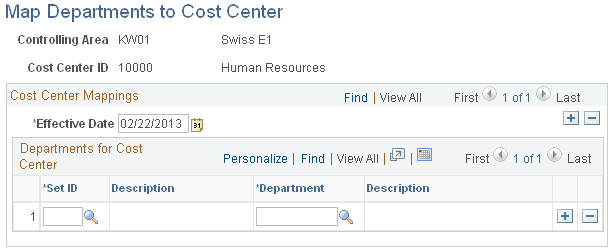 Map Departments to Cost Center page