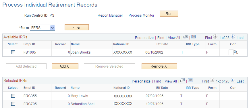 Process Individual Retirement Records page