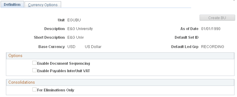 Review GL Business Units - Definition page
