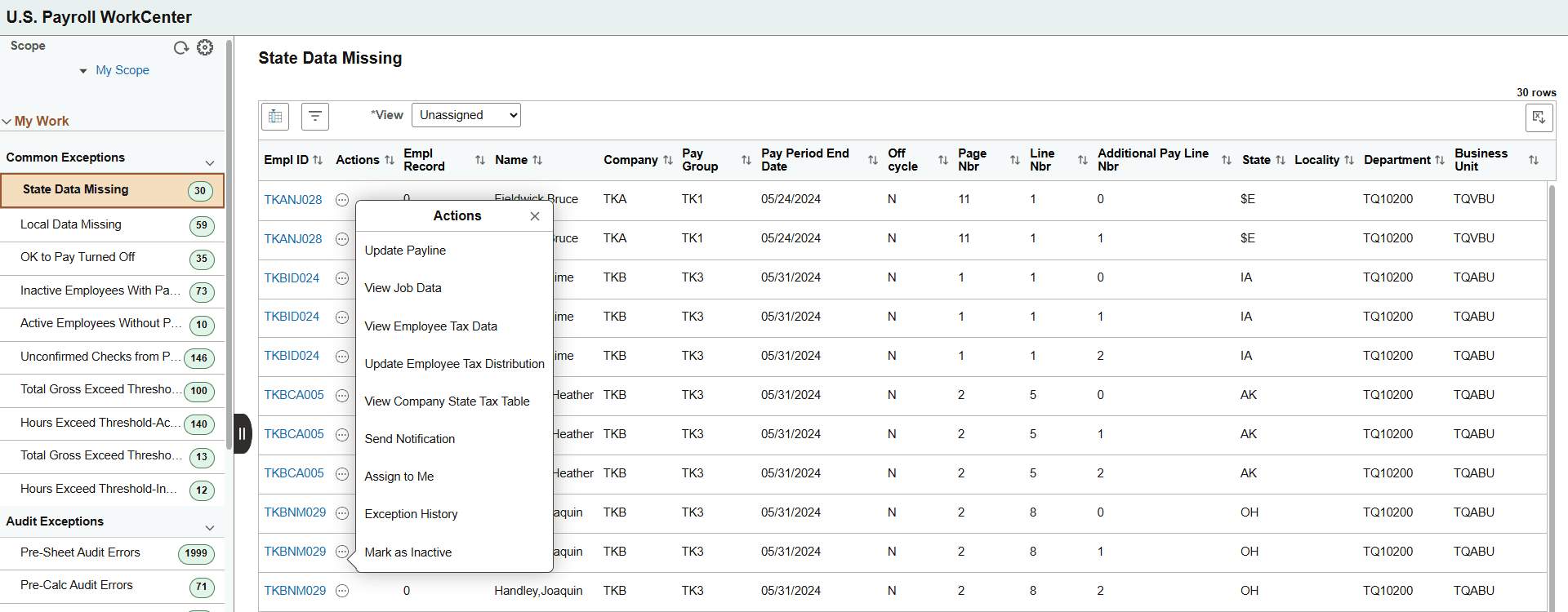 Payroll WorkCenter - State Data Missing page with Work Management enabled