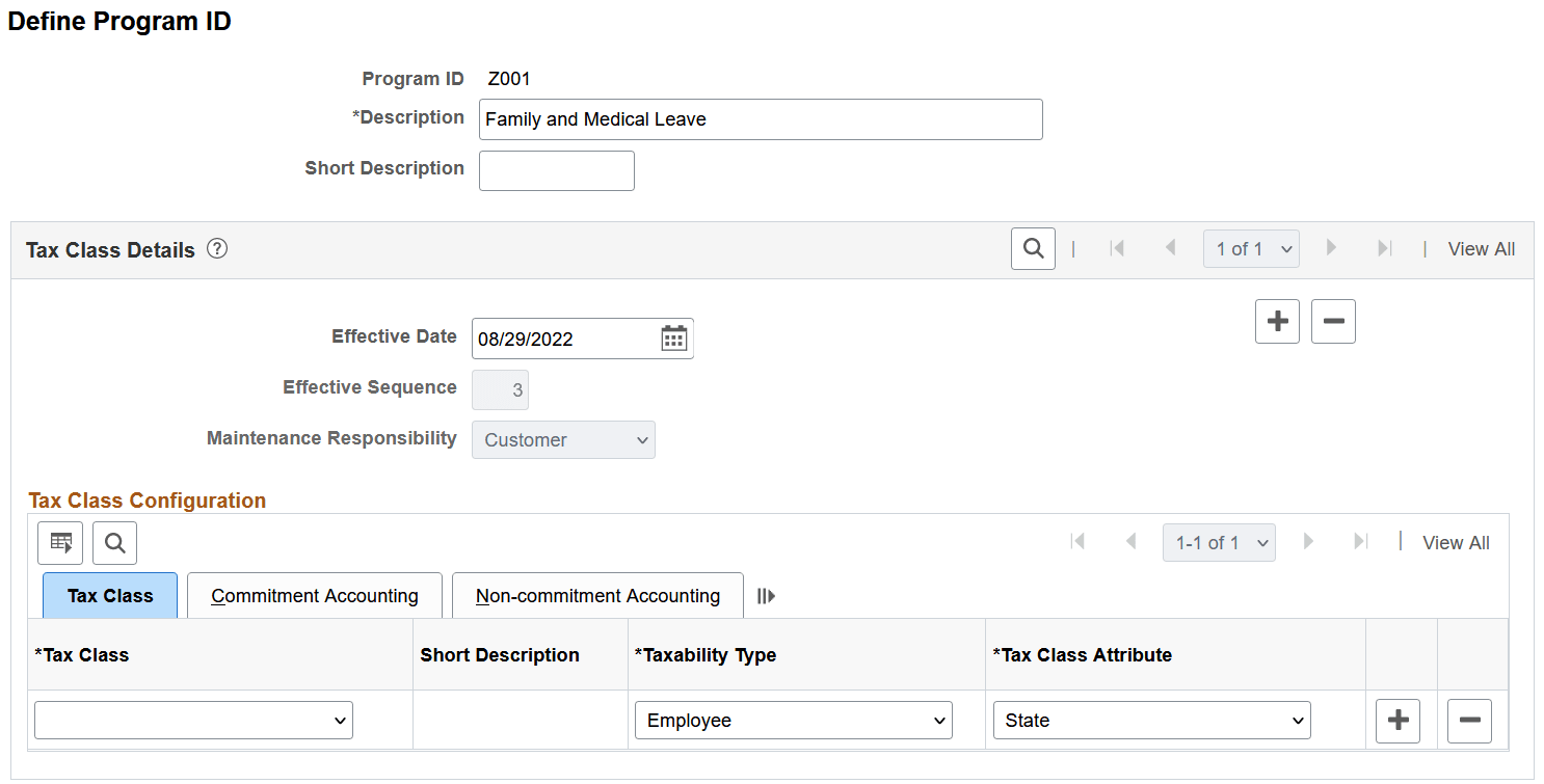Define Program ID page (Tax Classes tab)