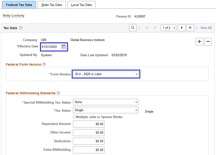 Updating federal and state tax data on or after January 1, 2020 (January 1, 2022 in this example) for an employee