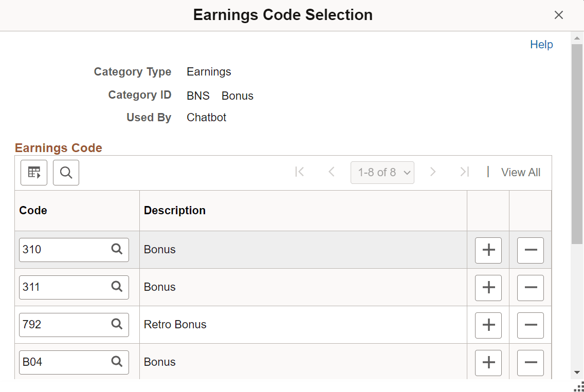 <><Earnings or Deduction> Code Selection page