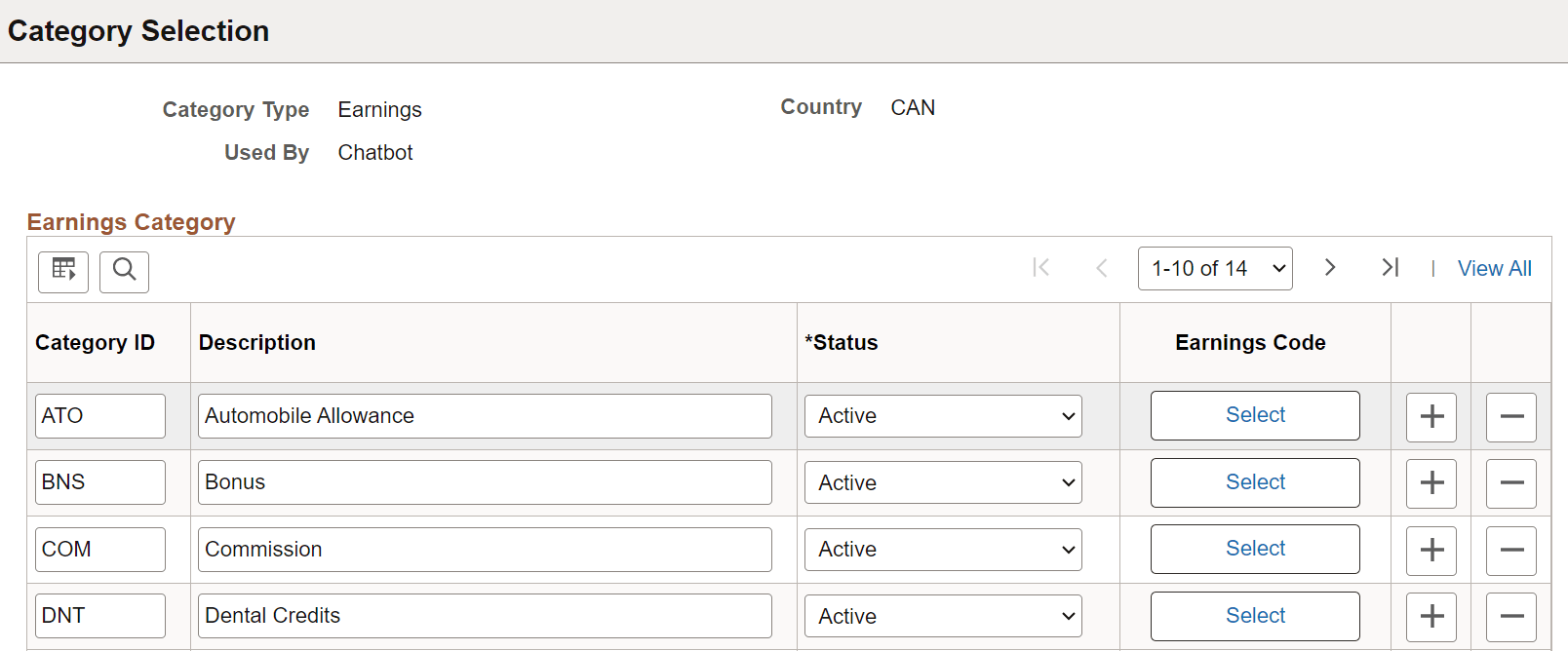 Category Selection page for earnings and deduction