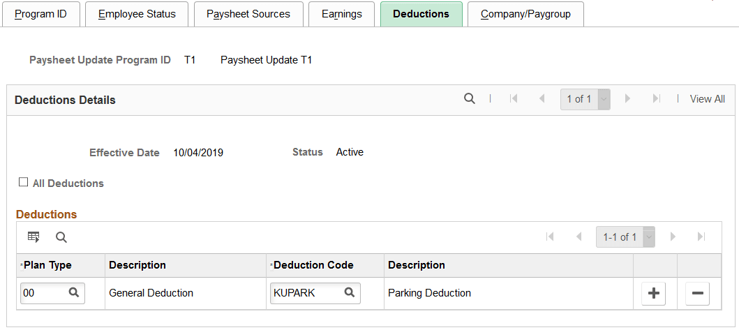 Paysheet Update Program - Deductions page