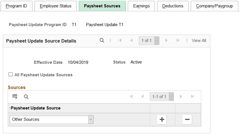 Paysheet Update Program - Paysheet Sources page