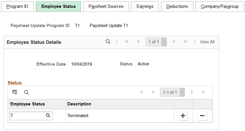 Paysheet Update Program - Employee Status page