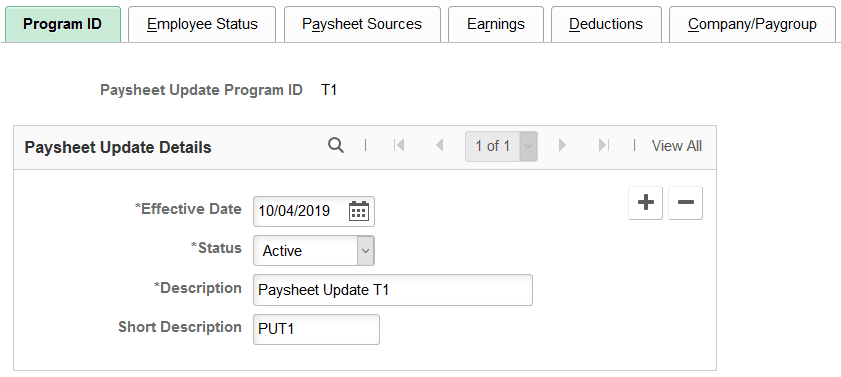 Paysheet Update Program - Program ID page