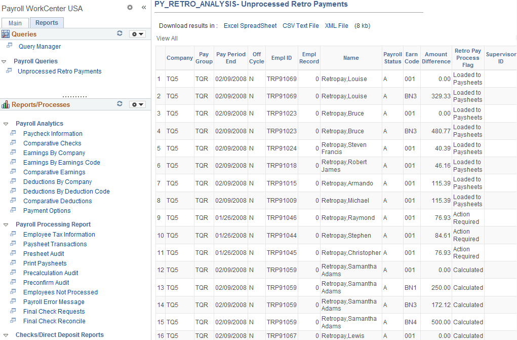 Payroll WorkCenter USA, Reports tab