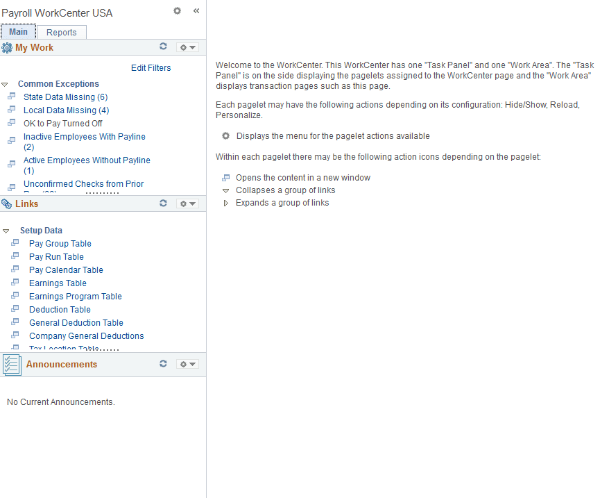 Payroll WorkCenter USA, Main tab