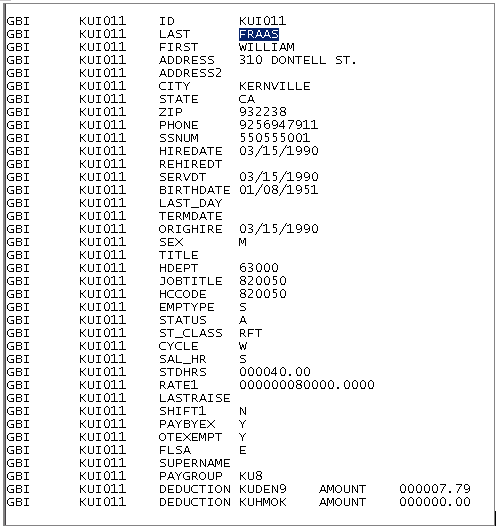 Export file showing the stop transaction for deduction KUHMOK (amount 00.00)