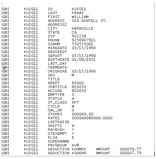 Export file showing the transaction for deduction KUHMOK (amount 59.77)