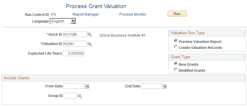 Process Grant Valuation page