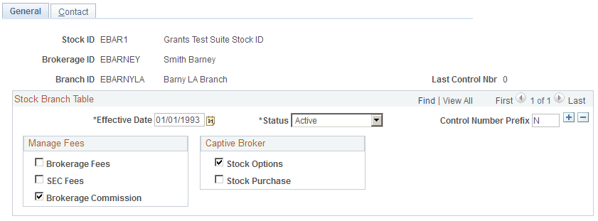 Stock Branch Table - General page