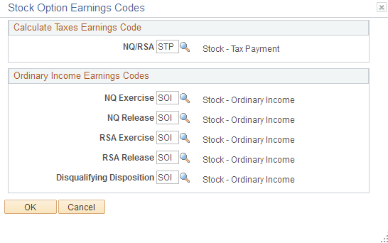 Stock Option Earnings Codes page