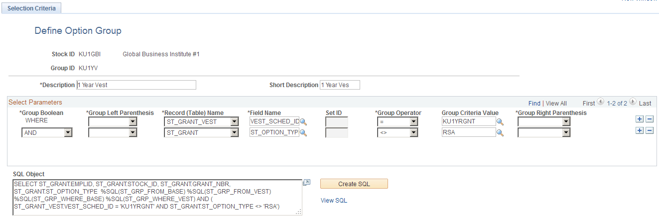 Define Option Group - Selection Criteria page