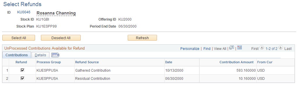 Select Refunds page: Details tab