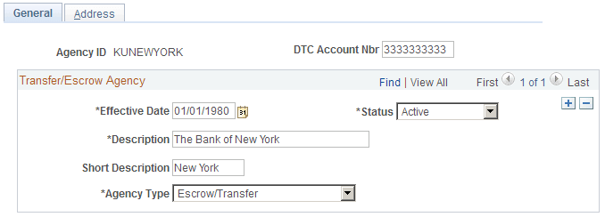 Transfer/Escrow Agency - General page