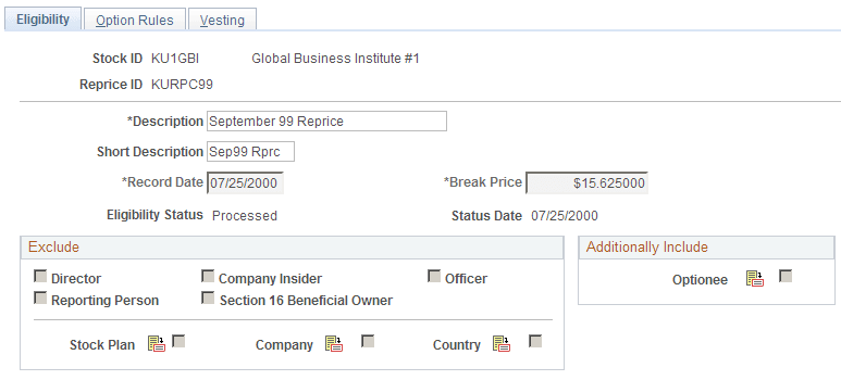 Define Stock Repricing - Eligibility page