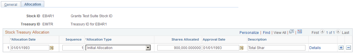 Stock Treasury Table - Allocation page