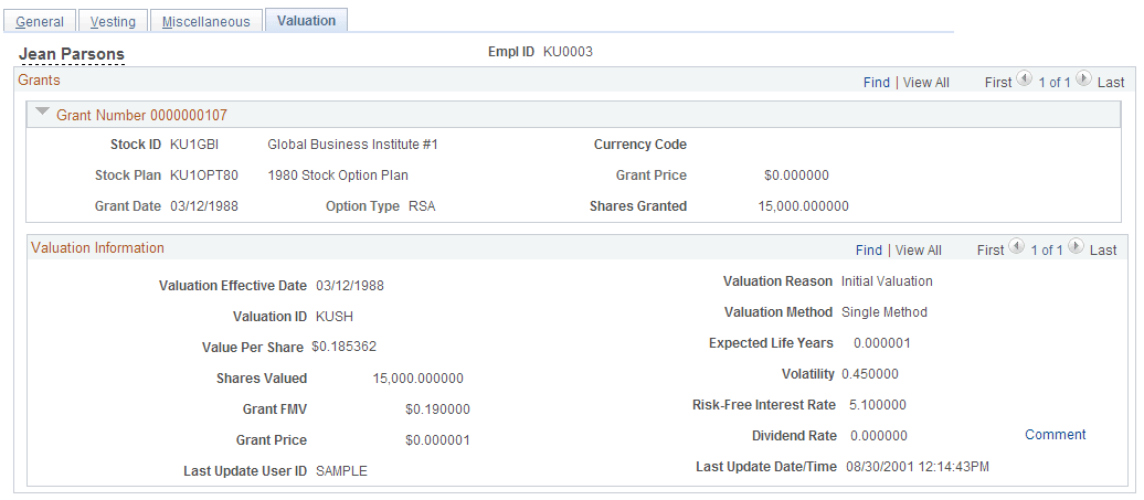 Maintain Grants - Valuation page