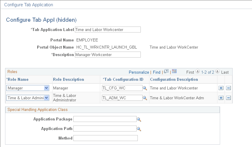 Configure Tab Application page