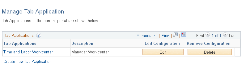 Manage Tab Application page