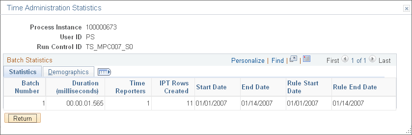 Batch Statistics page