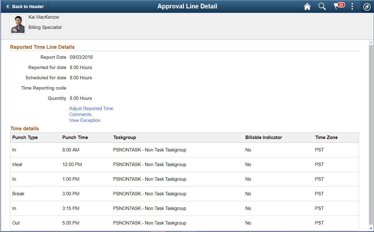 Approval Line Detail_Punch Time Reporter Page