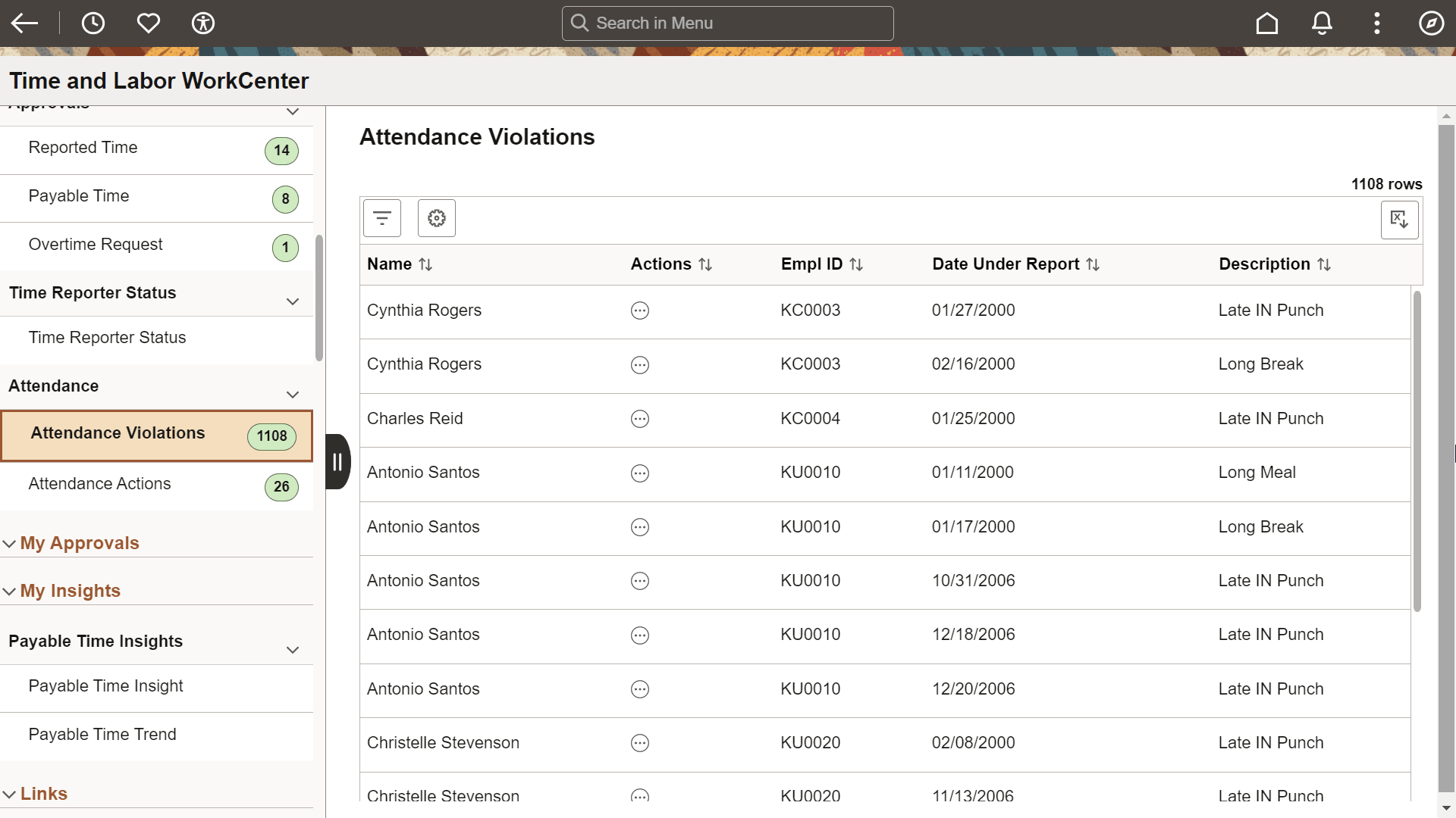 Attendance Violations page