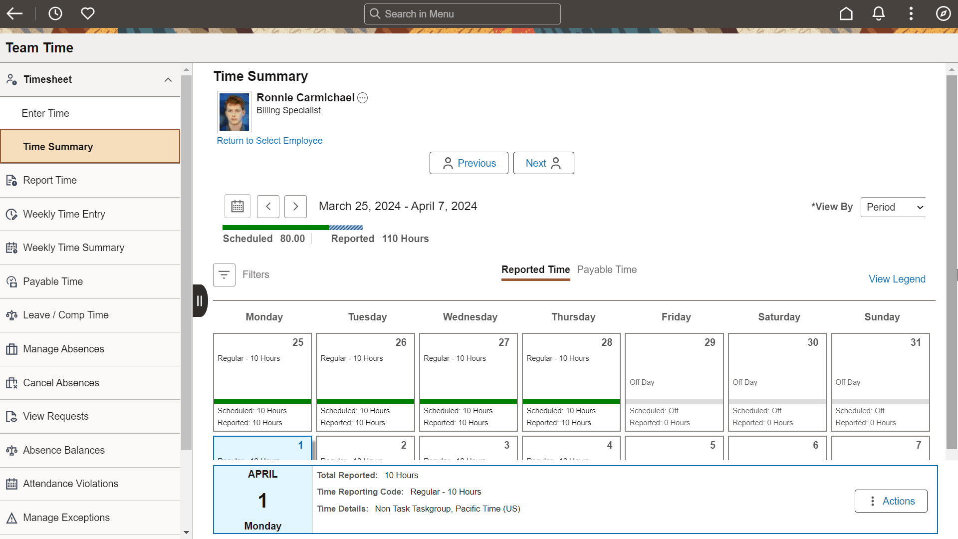 Time Summary Monthly view