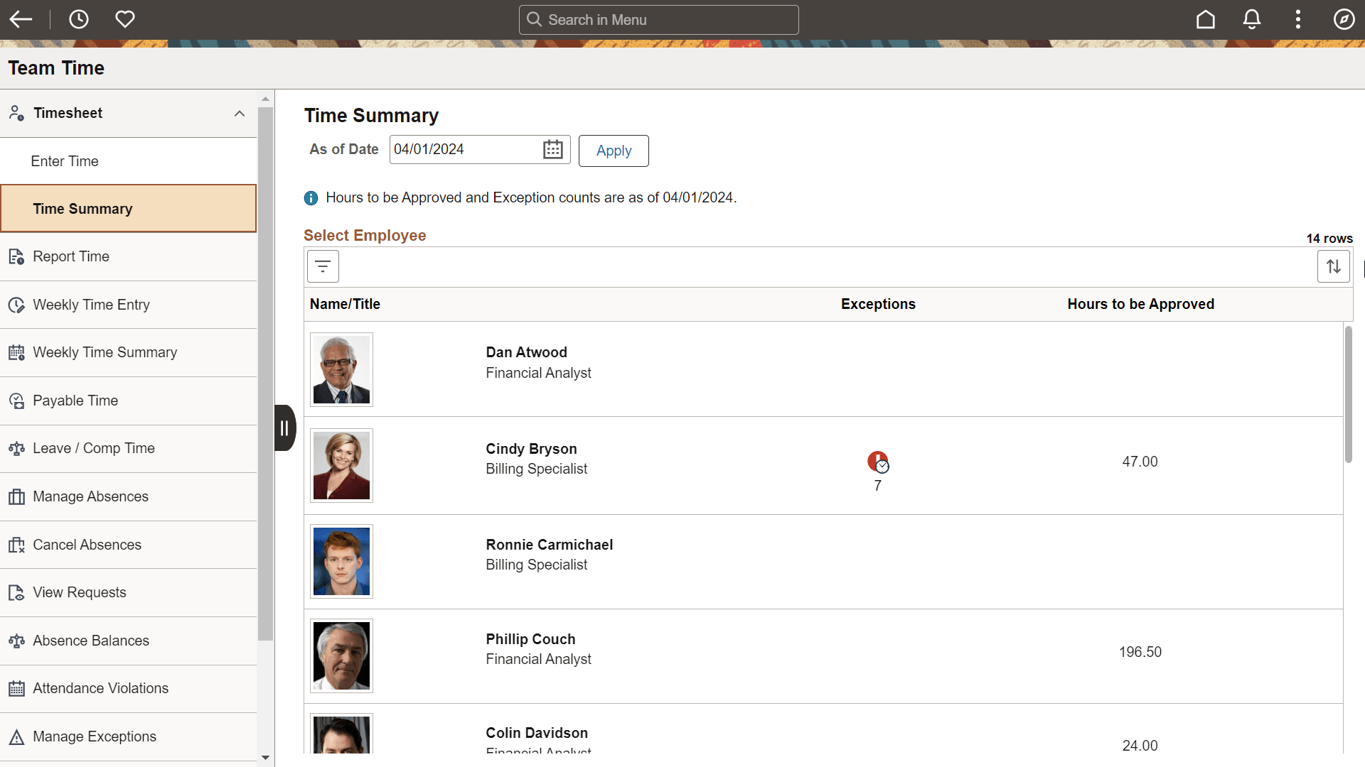 Time Summary Search page