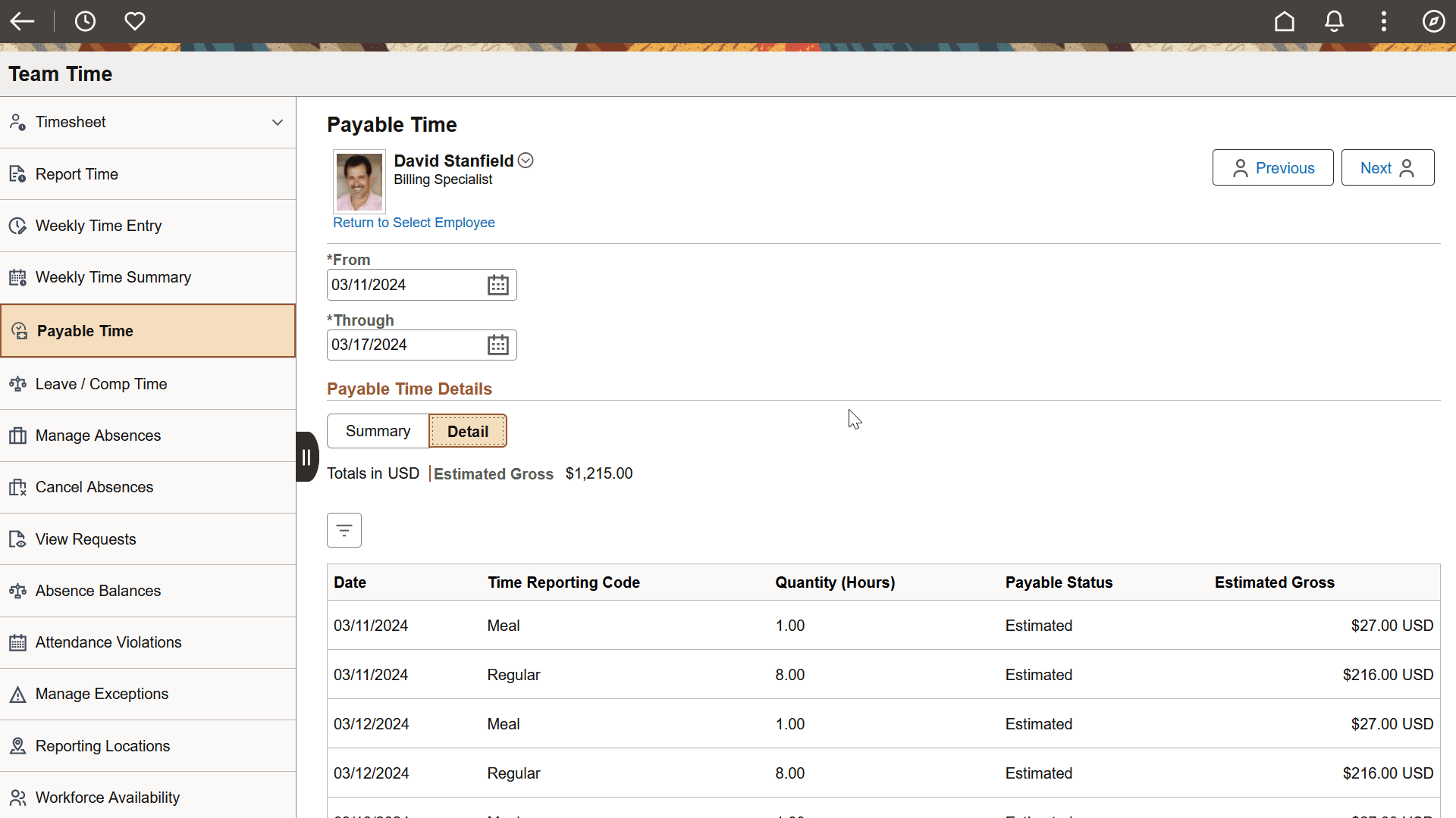 Payable Time_Details page