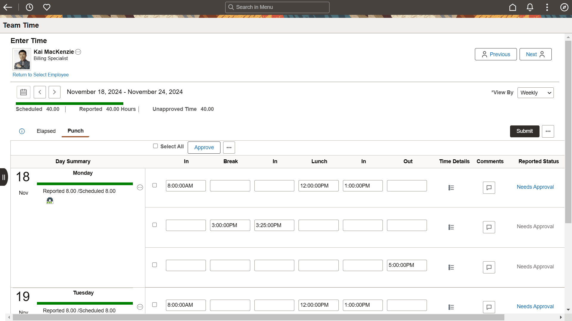 Team Time Punch Reporter page