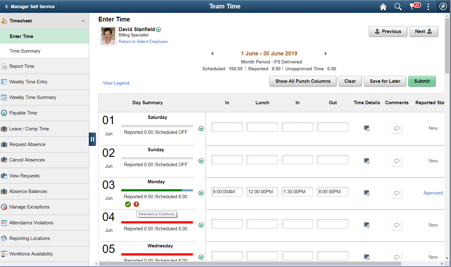 Enter Time page with Attendance Violation icon