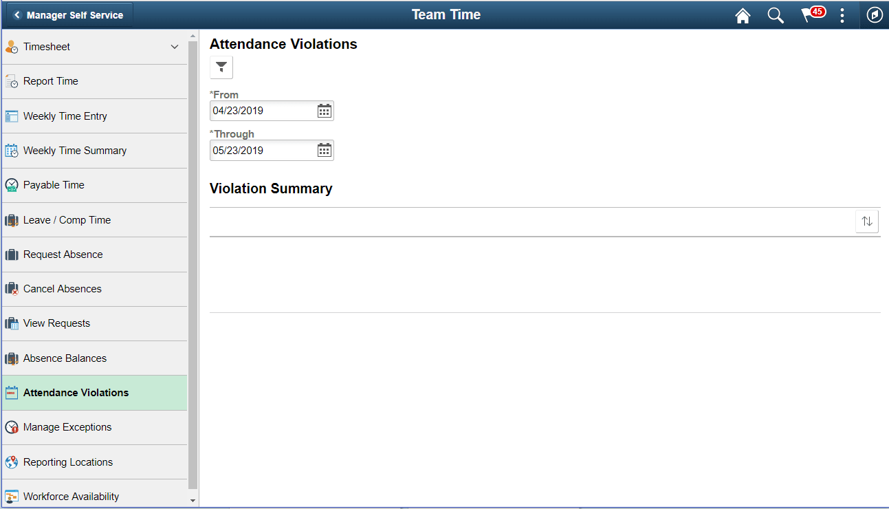 Attendance Violation page