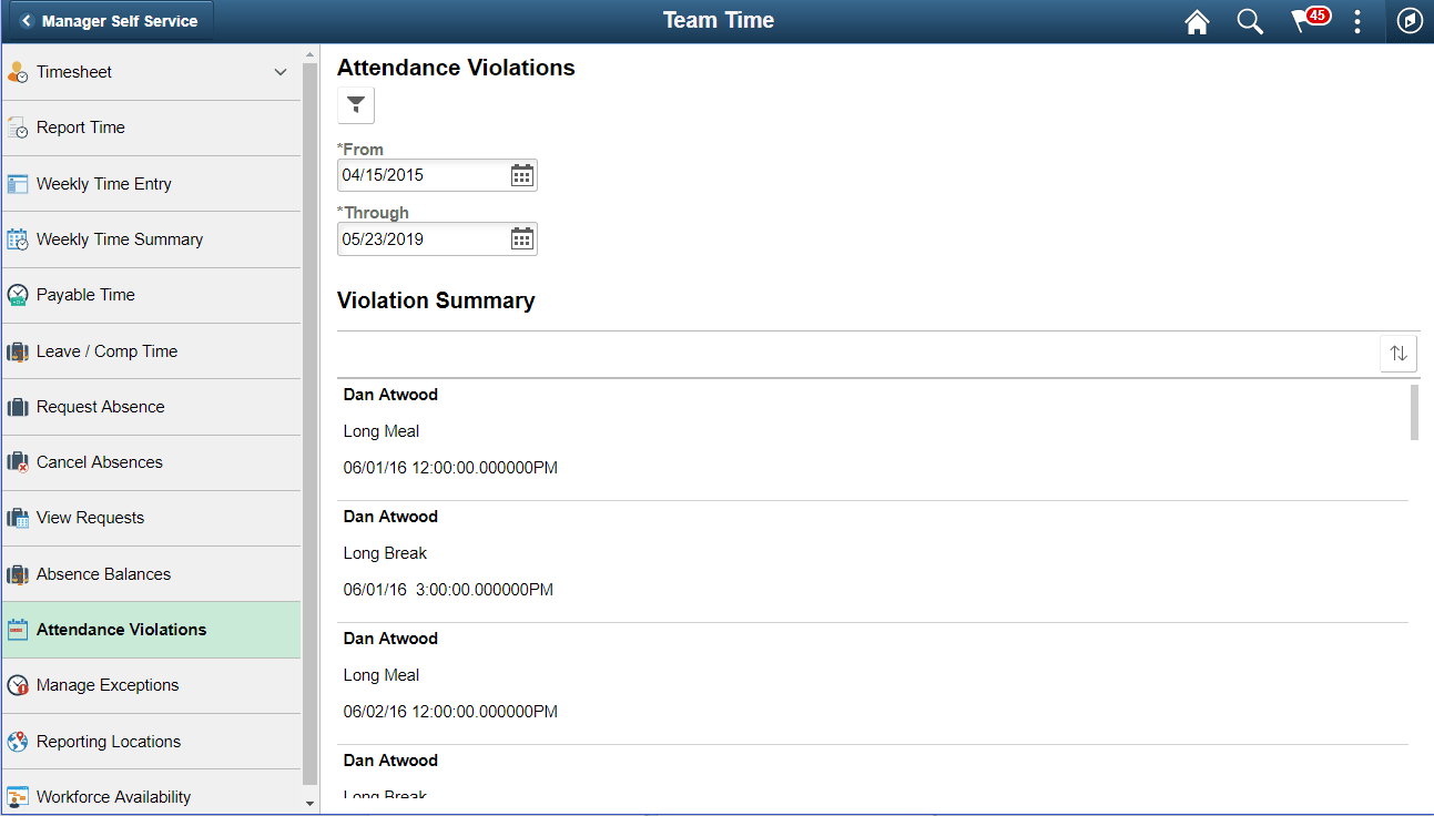 Attendance Violation page with Summary