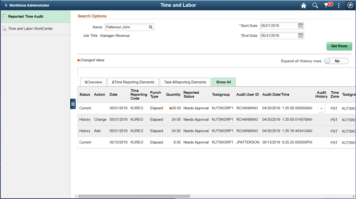 Report Time Audit page_Show All tab for Elapsed