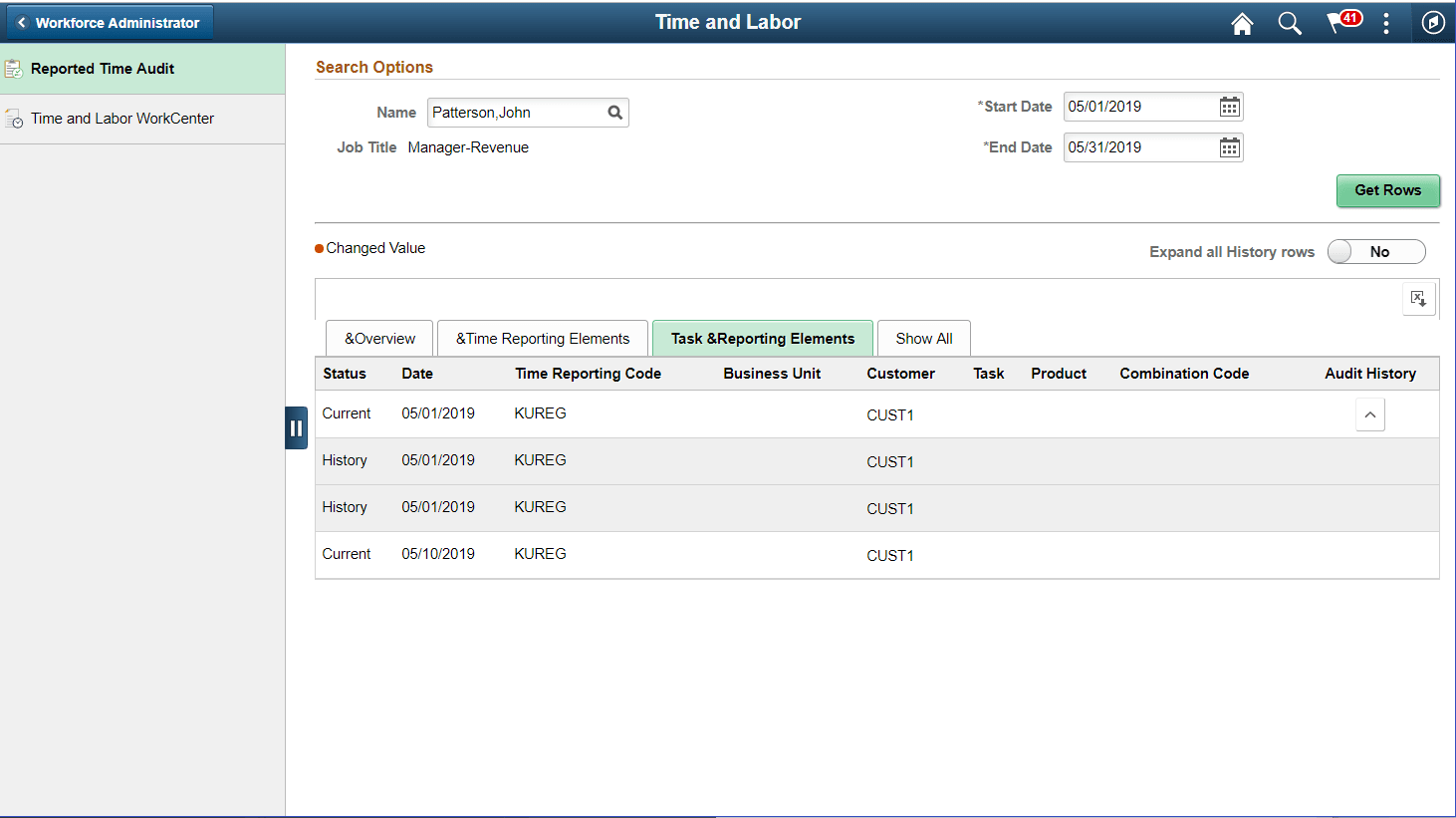 Report Time Audit page_Task and Elements tab for Elapsed