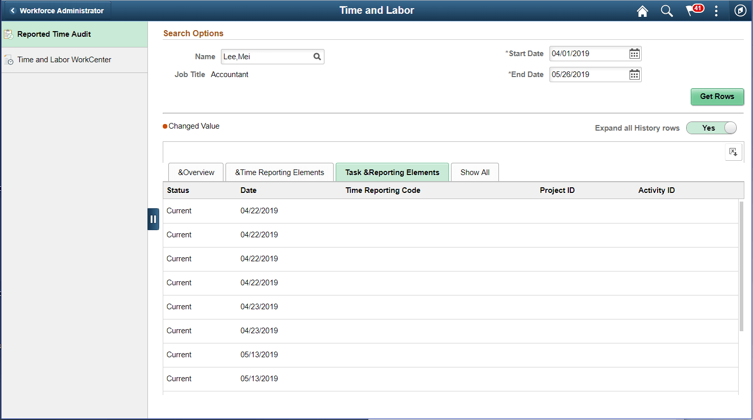 Report Time Audit page_Task and Elements tab for Punch