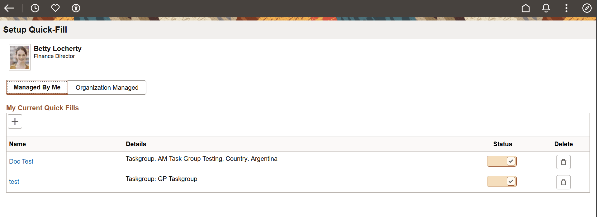 Setup quick fill page