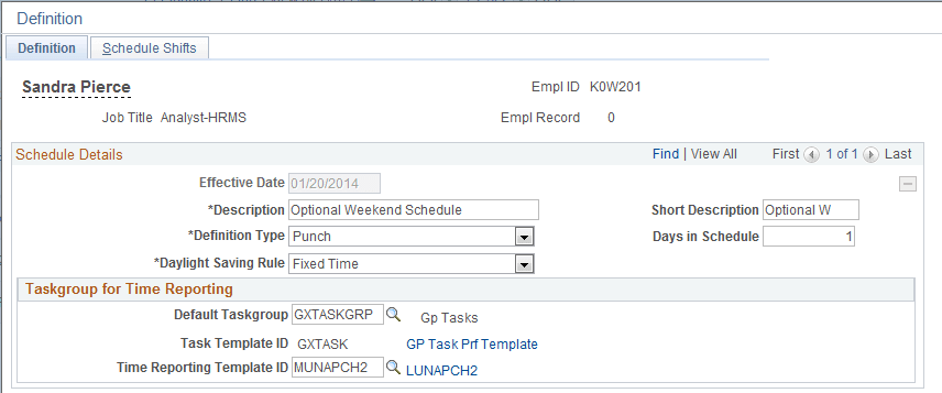 Personal Schedule Definition page