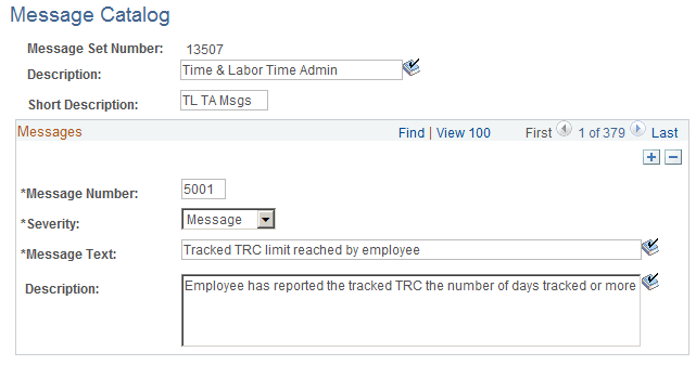 Message Catalog page showing the information for the tracked TRC exception